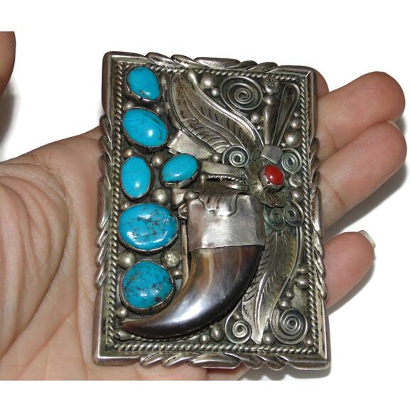 Vintage Navajo B. Begays Sterling Silver Coral Claw Turquoise Large Belt Buckle - Picture 5 of 5